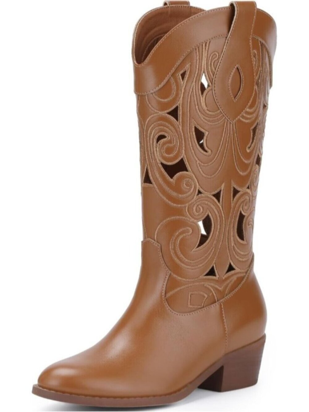 Women's Brown Cutouts Western Cowgirl Boot Embroidered Chunky Heel Boots